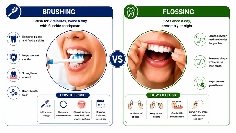 Brushing and flossing as part of a daily oral-care routine