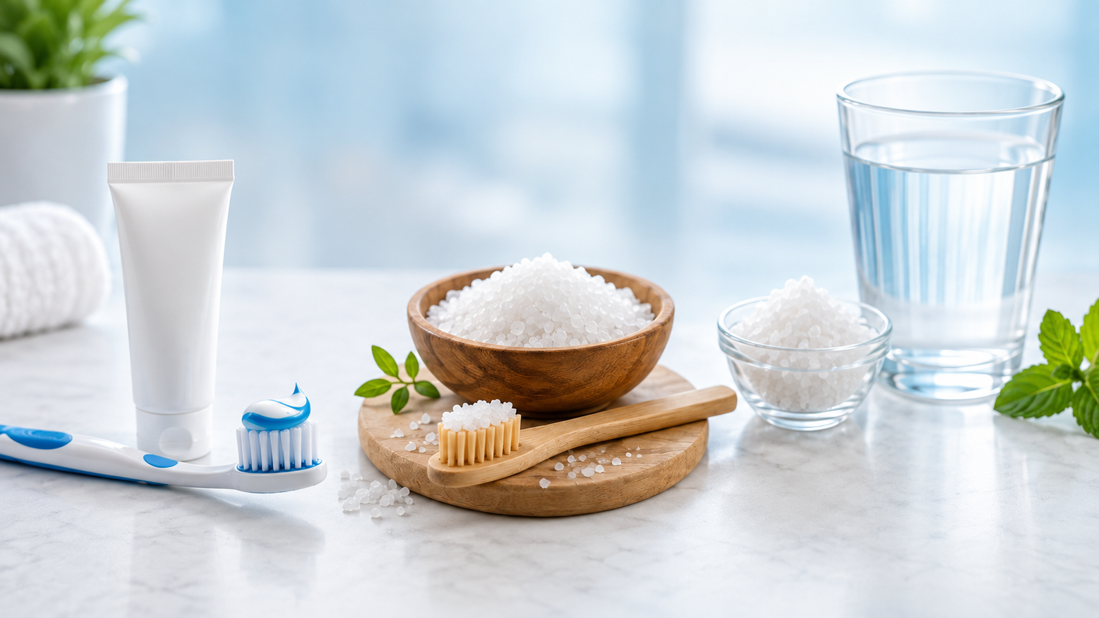Salt, toothbrush, toothpaste and water shown for a brushing teeth with salt guide