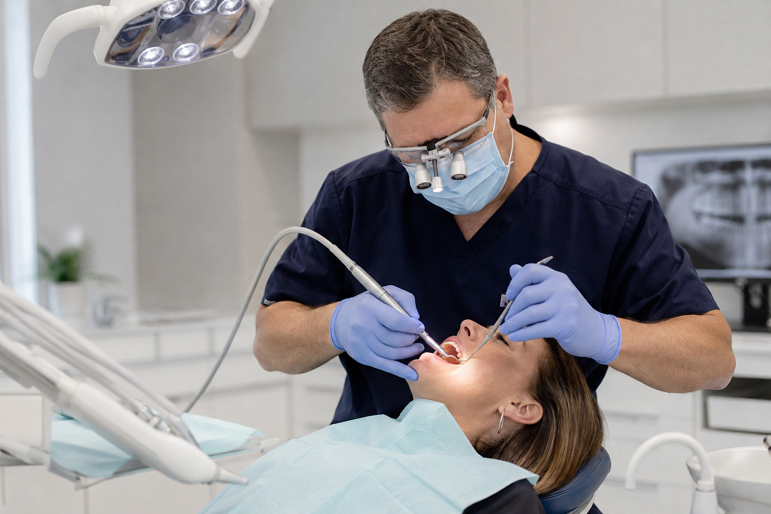 Dentist performing deep cleaning root planing and scaling for gum disease treatment at a dental clinic