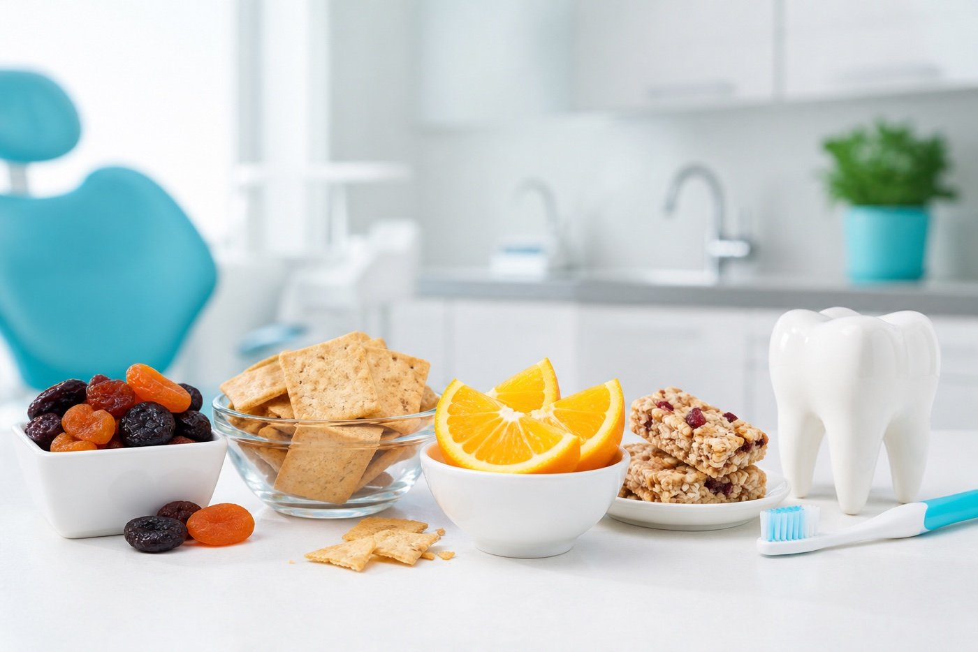Four everyday foods that may harm teeth including dried fruit crackers citrus fruit and sweetened snack bars