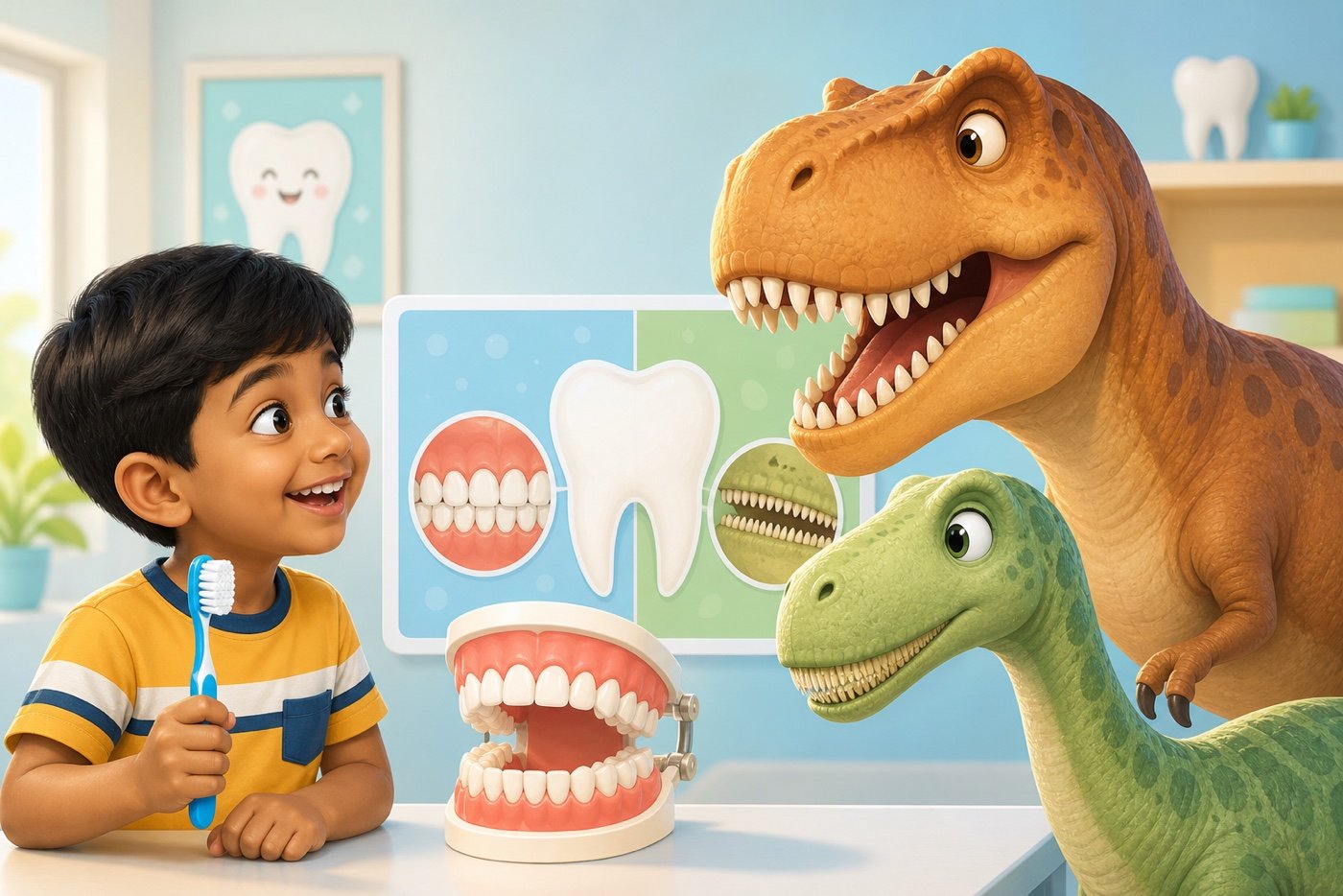Child comparing human teeth with T Rex and Nigersaurus dinosaur teeth