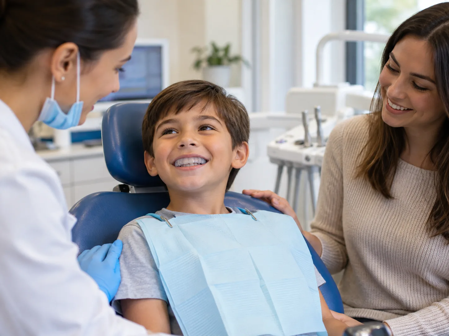 Child wearing a dentist-fitted mouth guard for teeth grinding with parent guidance at a pediatric dental clinic