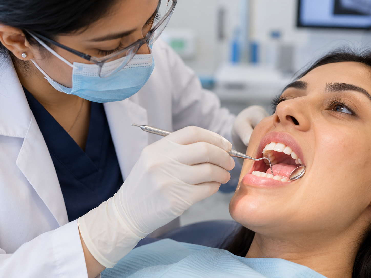 Dentist examining a patient's gums and teeth during a periodontal dental checkup