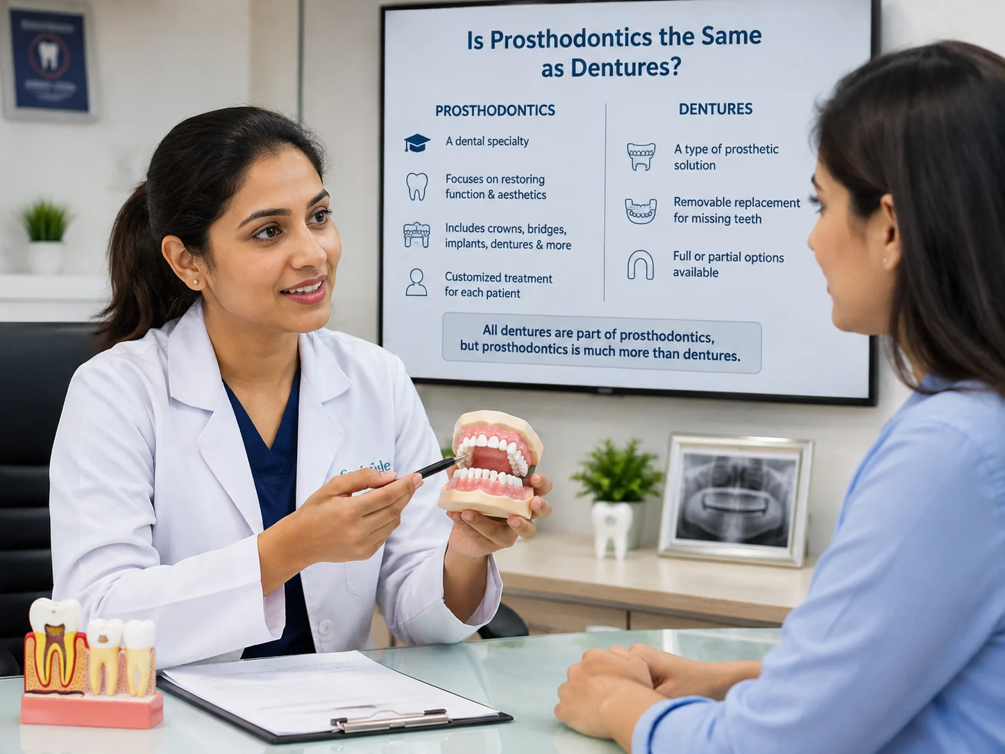 Dentist explaining prosthodontics and dentures to a patient in Faridabad