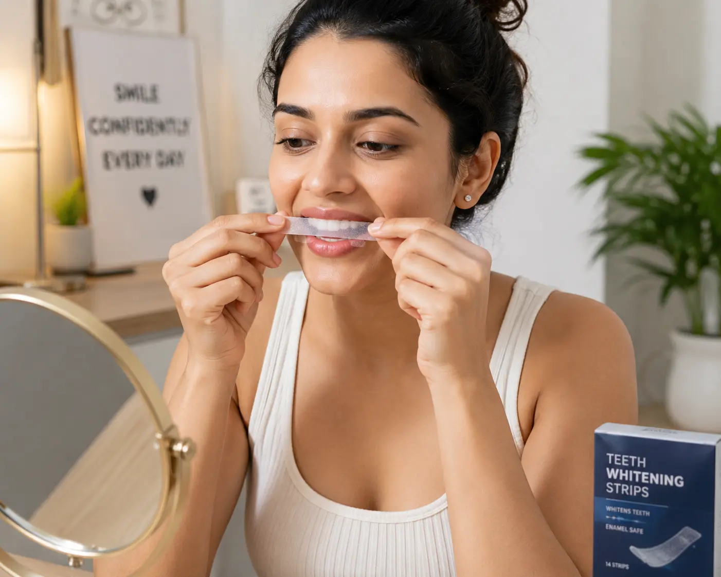 Woman applying teeth whitening strips at home in Faridabad, Delhi NCR