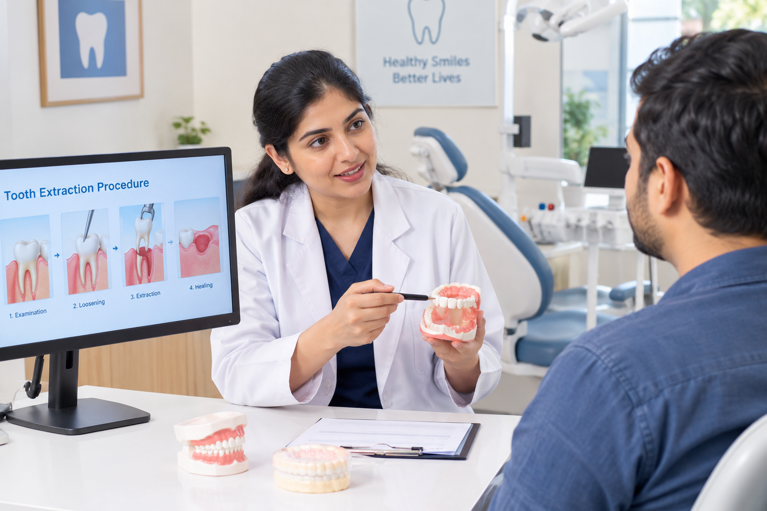 Dentist explaining the tooth extraction procedure and treatment options to a patient in Faridabad
