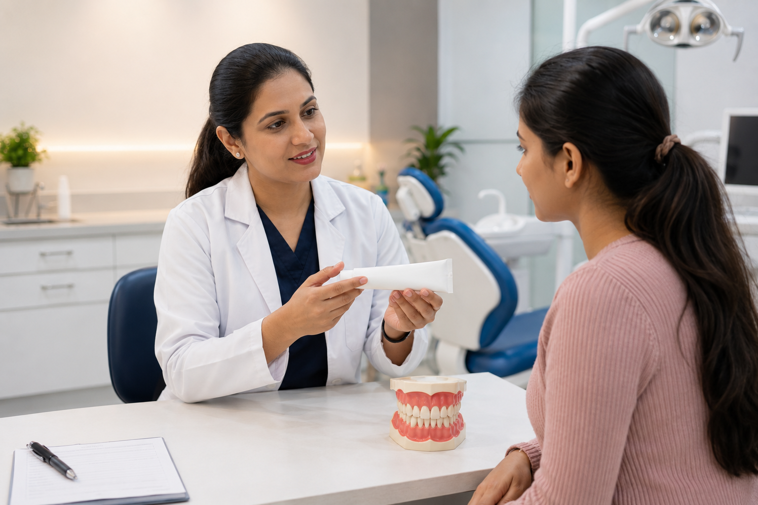 Dentist explaining dentist recommended toothpaste options to a patient at Little Bites Dental Clinic in Faridabad, highlighting fluoride toothpaste for healthy teeth and gums